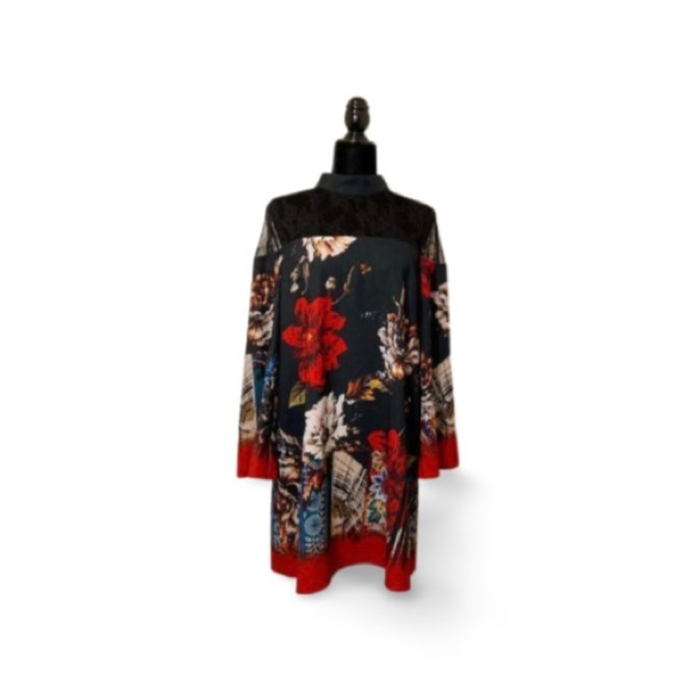 Nicole Miller Bell Sleeve Mock Neck Floral Print Dress - Size 12 - Picture 2 of 14
